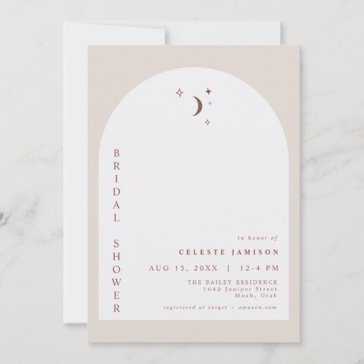 CELESTE Boho Terracotta Moon Arch Brautparty Einladung (Vorderseite)