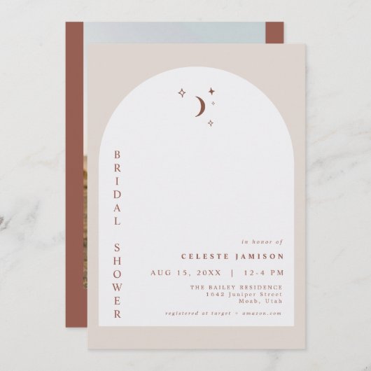 CELESTE Boho Terracotta Moon Arch Brautparty Einladung (Vorne/Hinten)