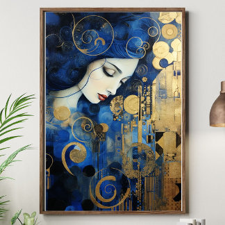 Celestia in Gold – Blau und Gold Art Deco Frau Leinwanddruck