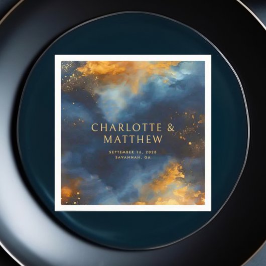 Celestial Abstrakt Blue Golden Names Wedding Serviette