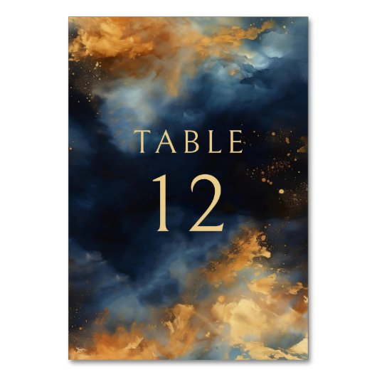 Celestial Abstrakt Blue Imitats Gold Wedding Tischnummer (Vorderseite)
