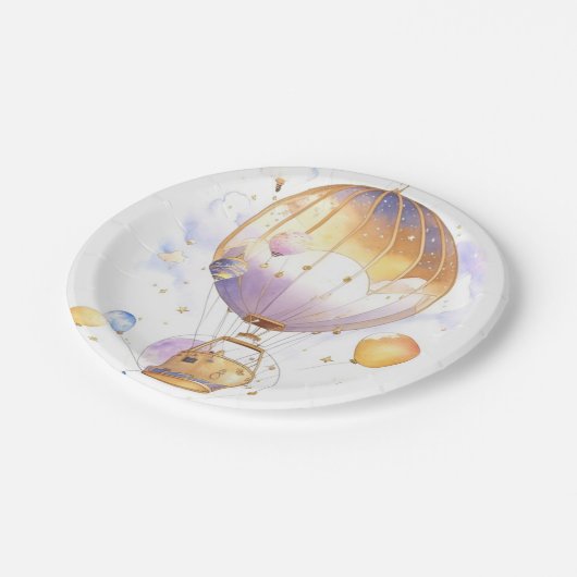 Celestial Adventure: Hot Air Balloon Baby Shower Pappteller (Schrägansicht)