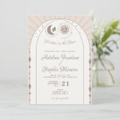 Celestial Arch Moon & Sun Monogram Wappen QR Code Einladung (Stehend Vorderseite)