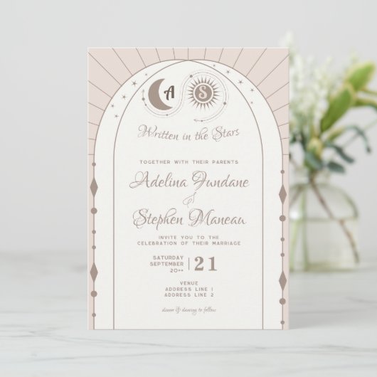 Celestial Arch Moon & Sun Monogram Wappen QR Code Einladung (Stehend Vorderseite)