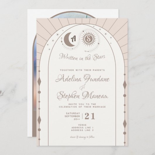 Celestial Arch Moon & Sun Monogram Wappen QR Code Einladung (Vorne/Hinten)