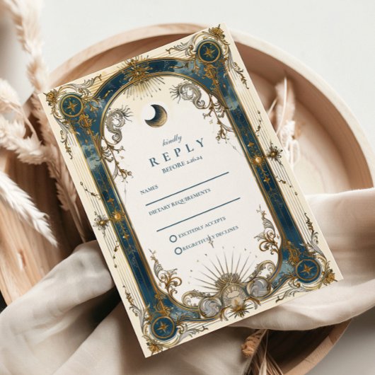 Celestial Art Nouveau Blue Gold Wedding RSVP Karte