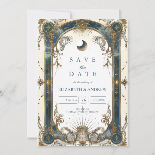 Celestial Art Nouveau Blue Gold Wedding Save The Date (Vorderseite)