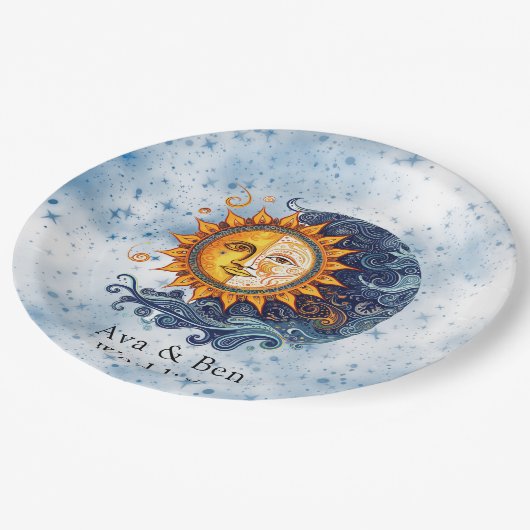 Celestial Astronomy Yellow Blue Sun Wedding Pappteller (Schrägansicht)