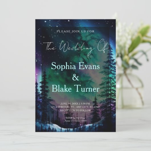 Celestial Aurora Borealis Northern Lights Wedding Einladung (Stehend Vorderseite)