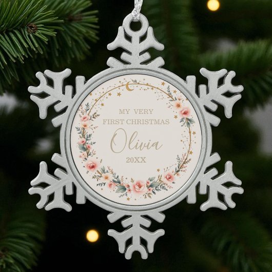 Celestial Baby First Christmas Personalisiert Schneeflocken Zinn-Ornament