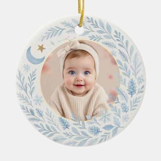 Celestial Baby First Cute Blue Christmas Photo Keramik Ornament (Vorne)
