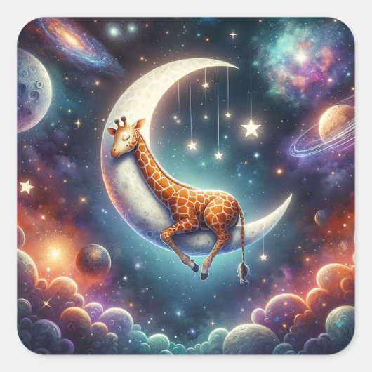 Celestial Baby Giraffe Schlafen auf dem Mond & den Quadratischer Aufkleber (Vorderseite)