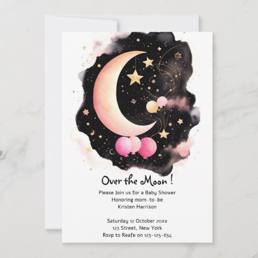 Celestial Baby Girl Dusche: Mond & Stars Freude Einladung (Vorderseite)