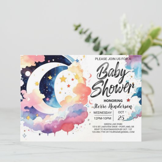 Celestial Baby Shower Moonlight Einladung (Stehend Vorderseite)