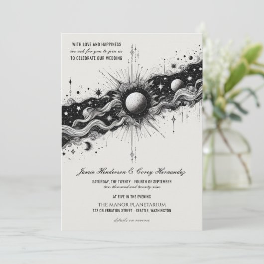 Celestial Band Hochzeit Einladung mit Details (Stehend Vorderseite)