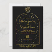 Celestial Black and Gold Stars Moon & Sun Wedding Einladung (Vorderseite)