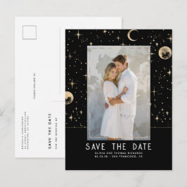 Celestial Black and Gold Stars Save the Date Ankündigungspostkarte