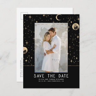 Celestial Black and Gold Stars Save the Date Ankündigungspostkarte