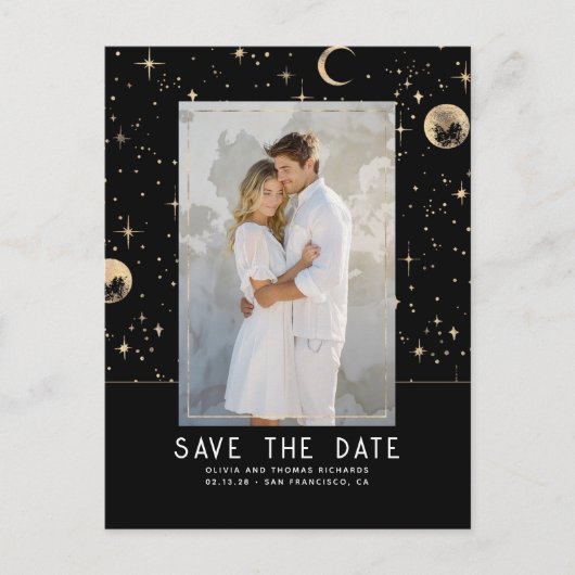 Celestial Black and Gold Stars Save the Date Ankündigungspostkarte (Vorderseite)