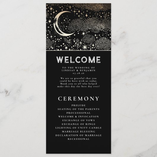 Celestial Black and Gold Wedding Programs Programm (Vorderseite)