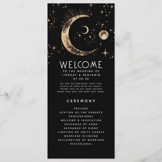 Celestial Black and Gold Wedding Programs Programm (Vorderseite)