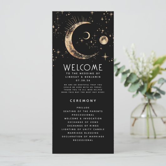 Celestial Black and Gold Wedding Programs Programm (Stehend Vorderseite)