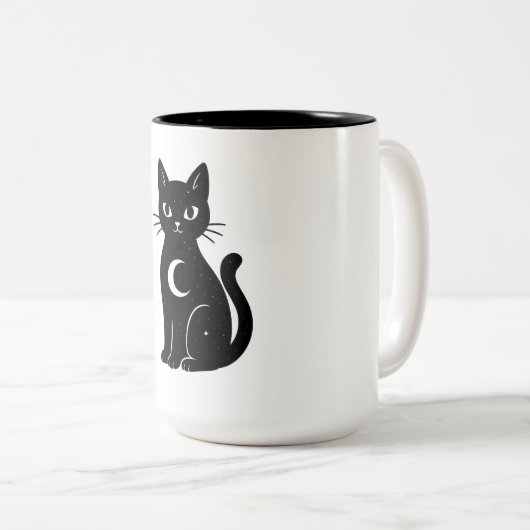 Celestial Black Cat with Crescent Moon | Mystical Zweifarbige Tasse (VorderseiteRechts)