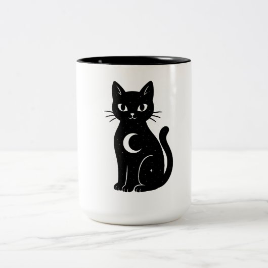 Celestial Black Cat with Crescent Moon | Mystical  Zweifarbige Tasse (Mittel)