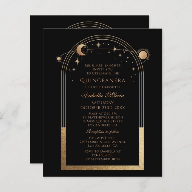 Celestial Black Gold Bilingual Spanish Quinceañera (Vorne/Hinten)