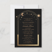 Celestial Black Gold Bilingual Spanish Quinceañera Einladung (Vorderseite)
