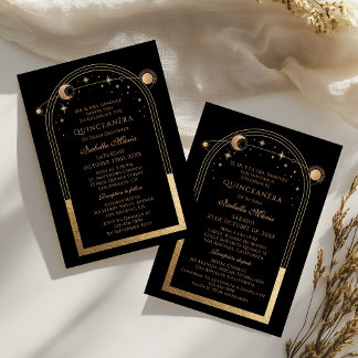Celestial Black Gold Bilingual Spanish Quinceañera Einladung