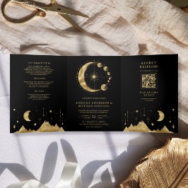 Celestial Black Gold Crescent Moon Phasen Hochzeit Dreifach Gefaltete Einladung