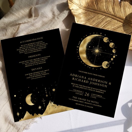 Celestial Black Gold Crescent Moon Phasen Hochzeit Einladung