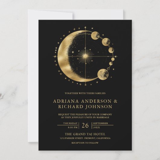 Celestial Black Gold Crescent Moon Phasen Hochzeit Einladung (Vorderseite)