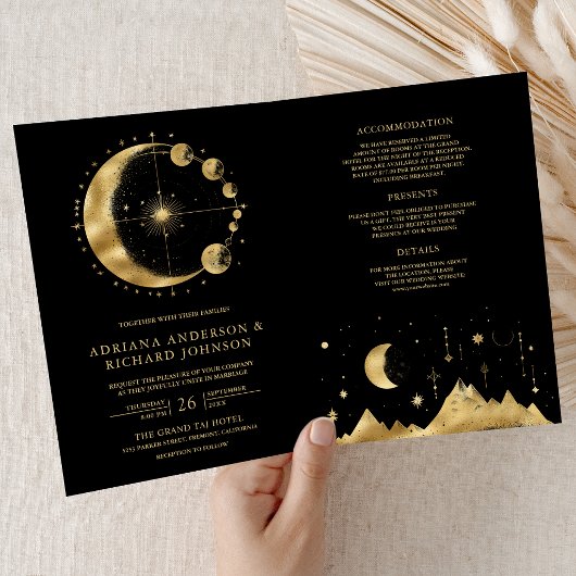 Celestial Black Gold Crescent Moon Phases Wedding Einladung