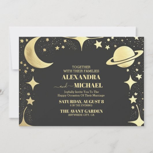 Celestial Black Gold Crescent Moon Wedding Einladung (Vorderseite)