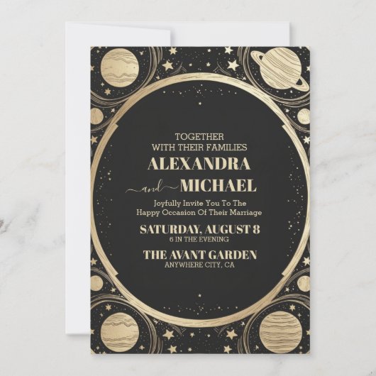 Celestial Black Gold Crescent Moon Wedding Einladung (Vorderseite)
