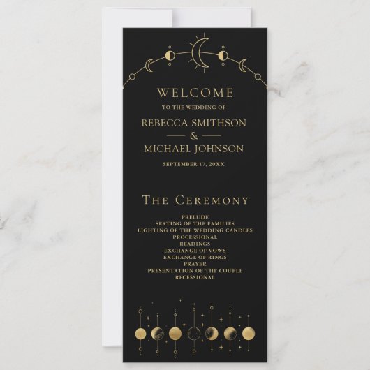 Celestial Black Gold Crescent Moon Wedding Program (Vorderseite)