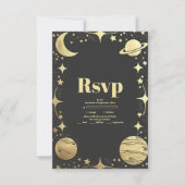Celestial Black Gold Crescent Moon Wedding RSVP Karte (Vorderseite)