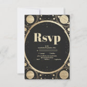 Celestial Black Gold Crescent Moon Wedding RSVP Karte (Vorderseite)