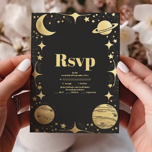 Celestial Black Gold Crescent Moon Wedding RSVP Karte