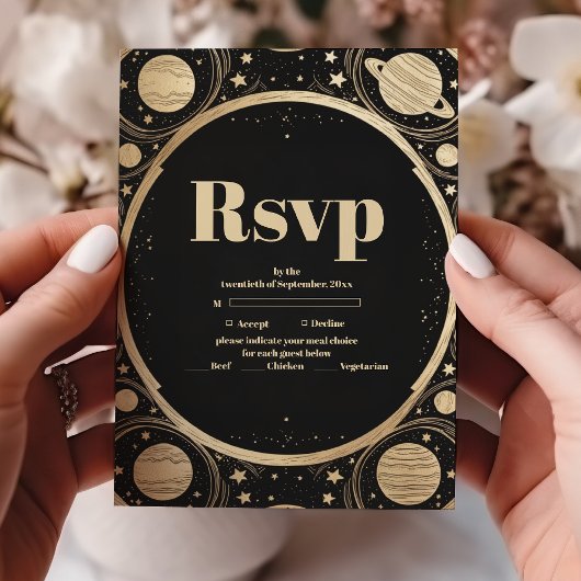 Celestial Black Gold Crescent Moon Wedding RSVP Karte