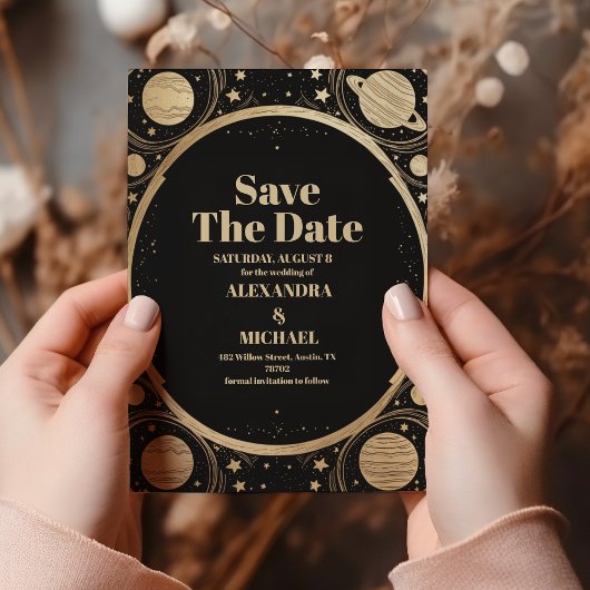 Celestial Black Gold Crescent Moon Wedding Save The Date