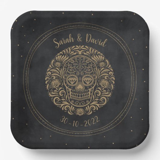 Celestial Black Gold Floral Skull Gothic Halloween Pappteller (Vorderseite)