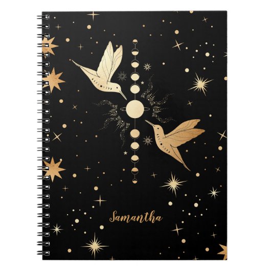 Celestial Black Gold Hummingbird Moon Phases Name Notizblock (Vorderseite)