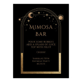 Celestial Black Gold Mimosa Bar Sun Moon Stars Poster