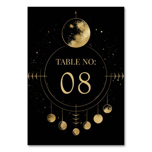 Celestial Black Gold Moon Phasen Hochzeit Tischnummer (Rückseite)