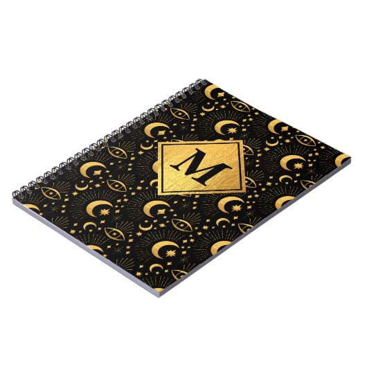 Celestial Black & Gold Stars Moon Muster Monogram Notizblock (Linke Seite)