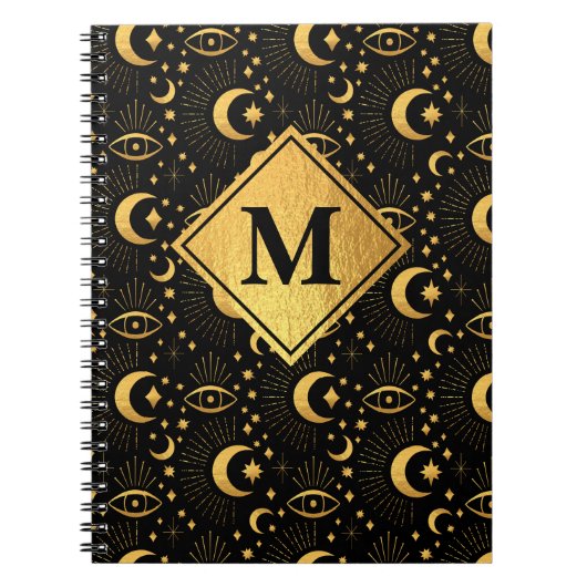 Celestial Black & Gold Stars Moon Muster Monogram Notizblock (Vorderseite)