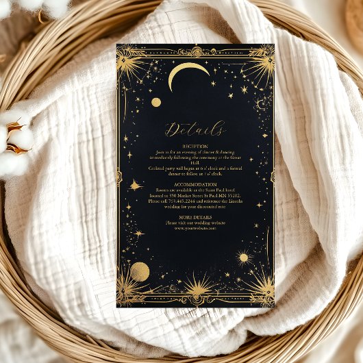 Celestial Black Gold Sun Moon Astronomie Hochzeit Begleitkarte